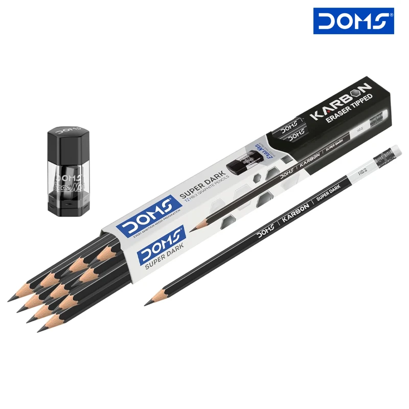 DOMS KARBON Super Dark HB-2 Graphite Pencils Pack Of 12 Pencils With Free Sharpener Eraser Tip (8492)